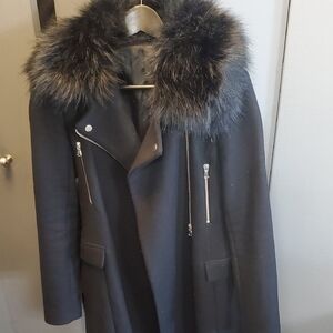 Zara Black Asymetrical Moto Coat with Detachable Fur Collar